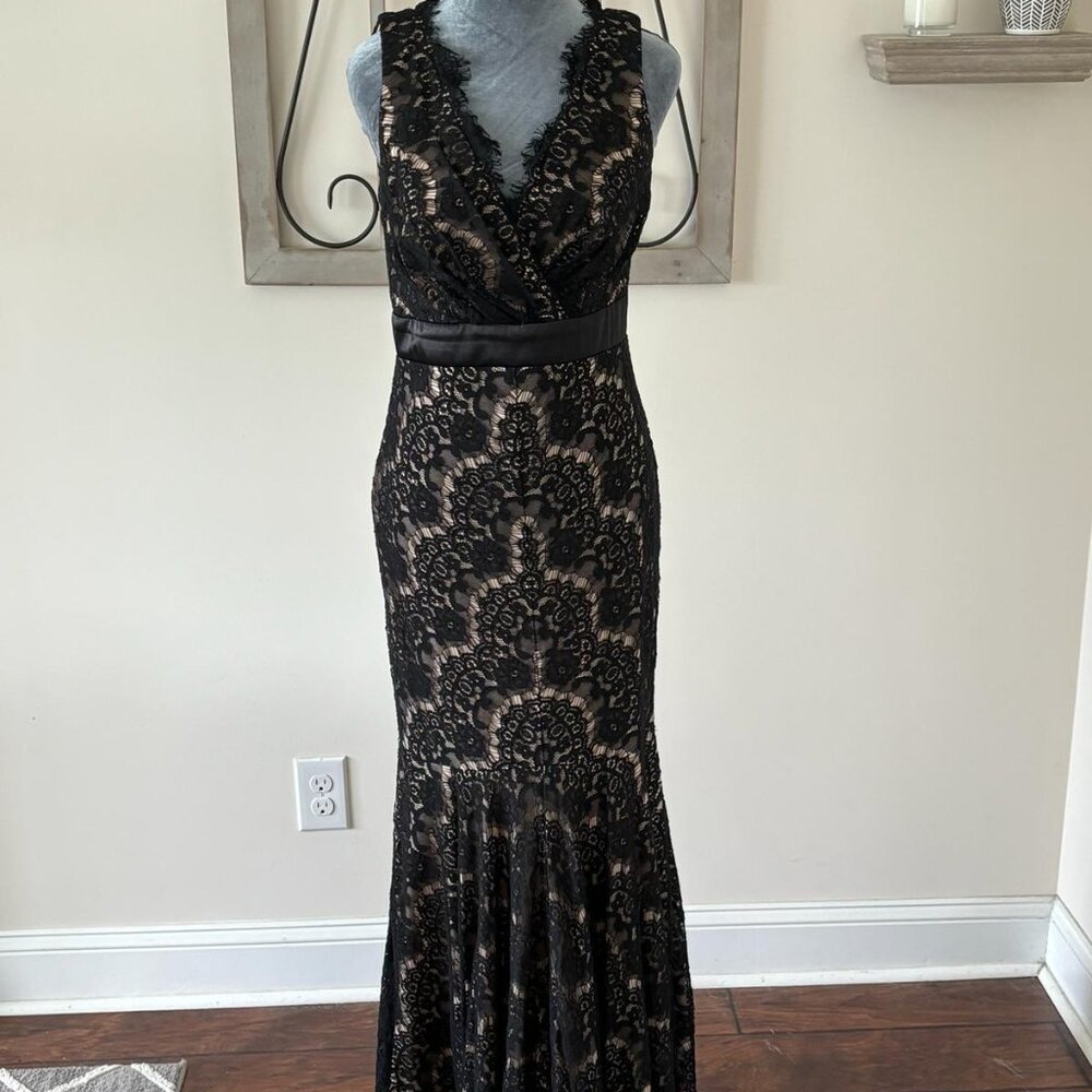 Betsy & Adam Black Lace Gown with Nude Lining